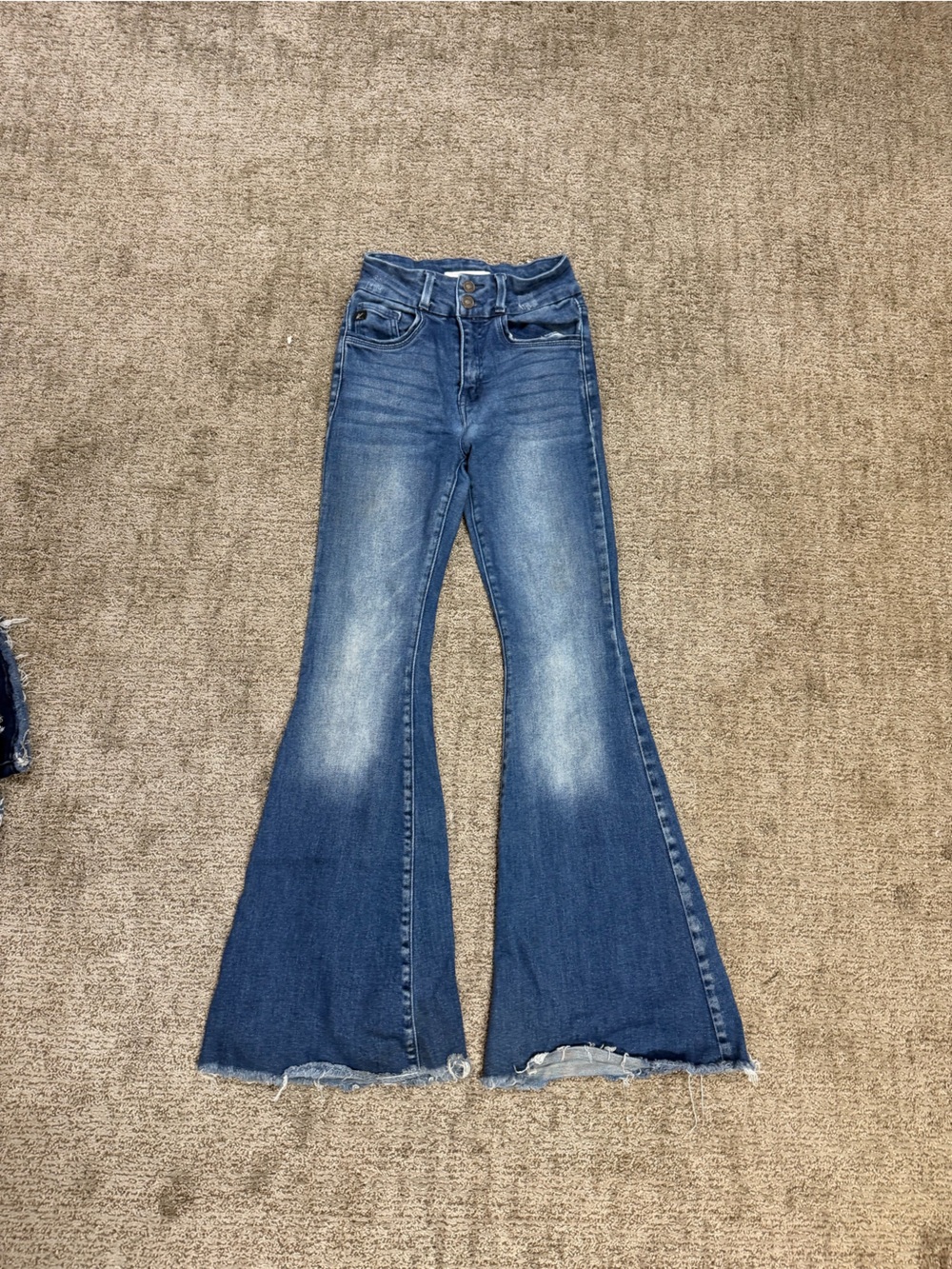 KanCan Blue High-Rise Flare Jeans with Frayed Hem